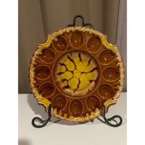 Vintage Ceramic Egg Plate Brown Yellow Floral Center Appetizer Serving Dish